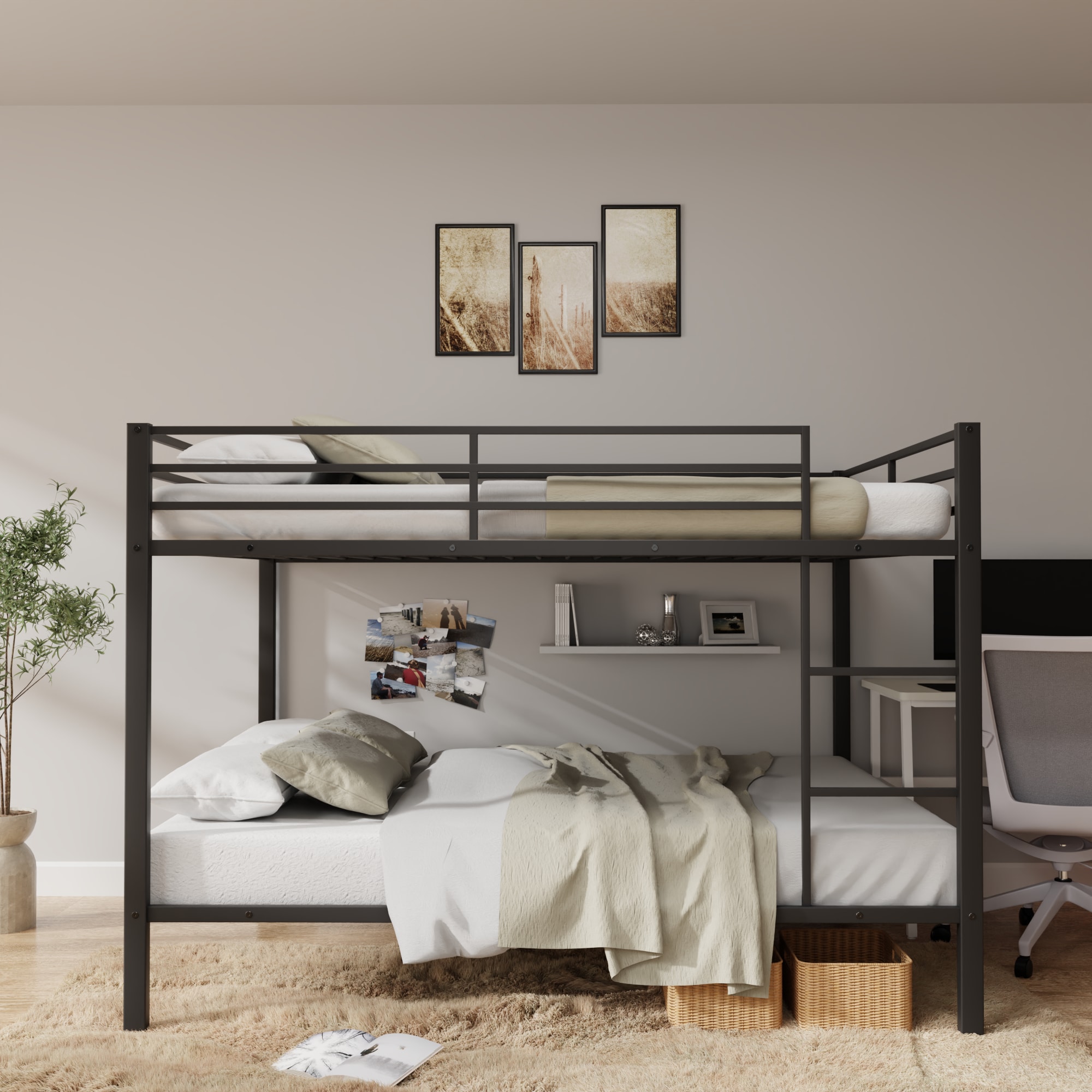 Full Over Full Bunk Bed, Heavy Duty Metal Bunk Bed Frame With Built-in Ladder And Safety Guard Rail, Low Metal Bunk Bed Frame For Kids, No Boxspring Required, For Small Spaces, Black_voghion.com